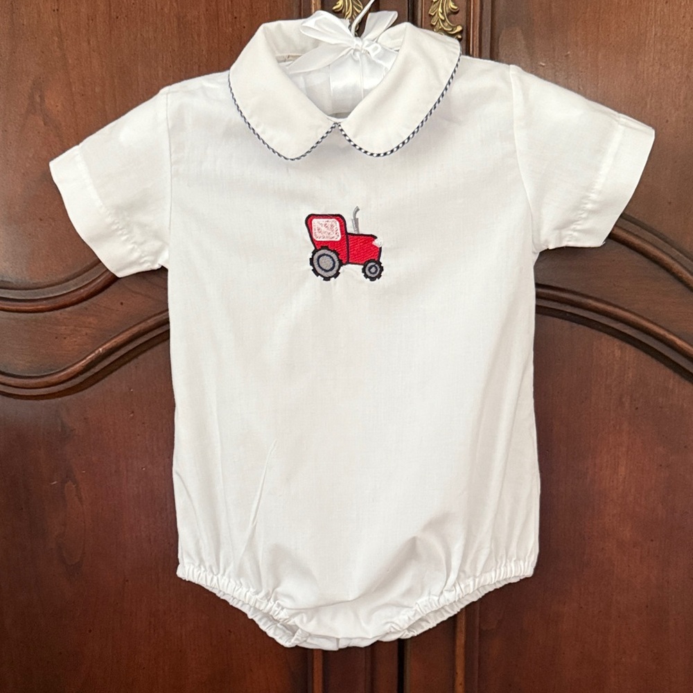 Sir John by Rosalina Tractor Bubble Romper 12M Boys Peter Pan Collar